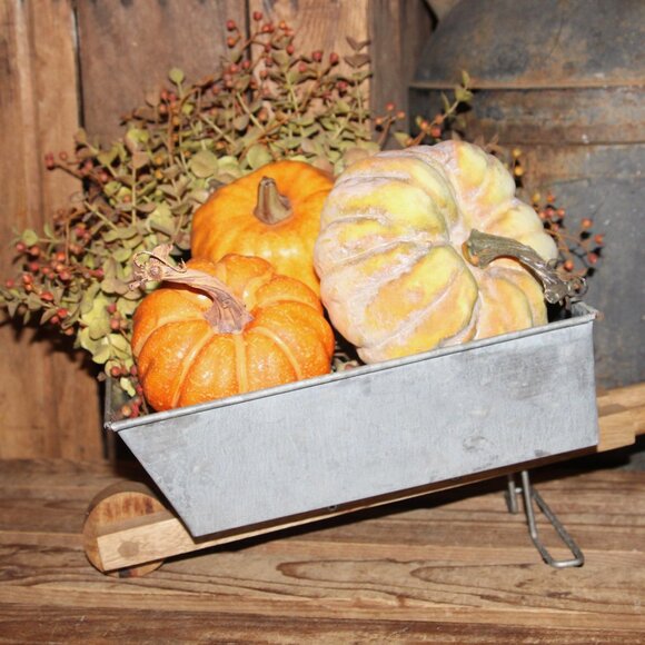 NEW Galvanized Metal & Wood Fall Farmhouse Wheelbarrow Decor Box - Picture 2 of 11